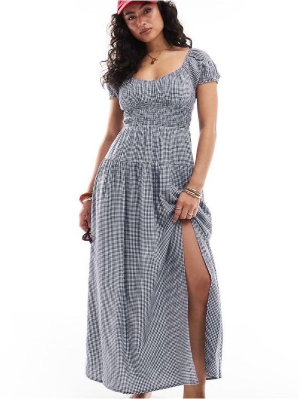 Hollister Gingham Milkmaid smocked waist Maxi dress Size XS
